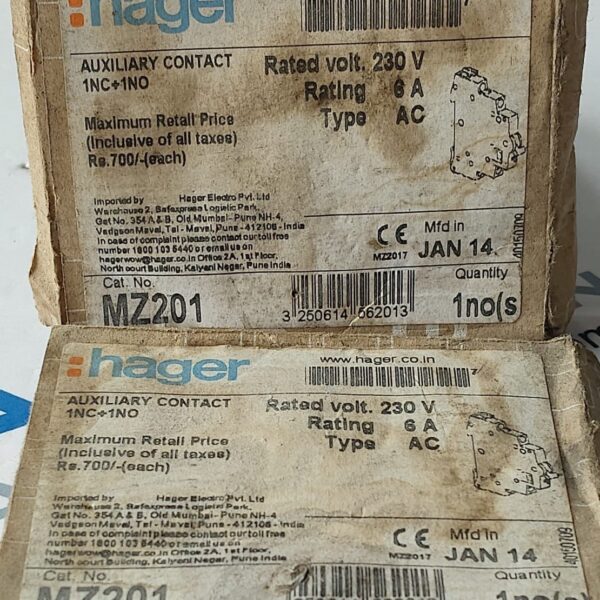 (PACK OF 2) NEW HAGER MZ201 AUXILARY CONTACT 1NC+1NO 6A 230V AC IN BOX